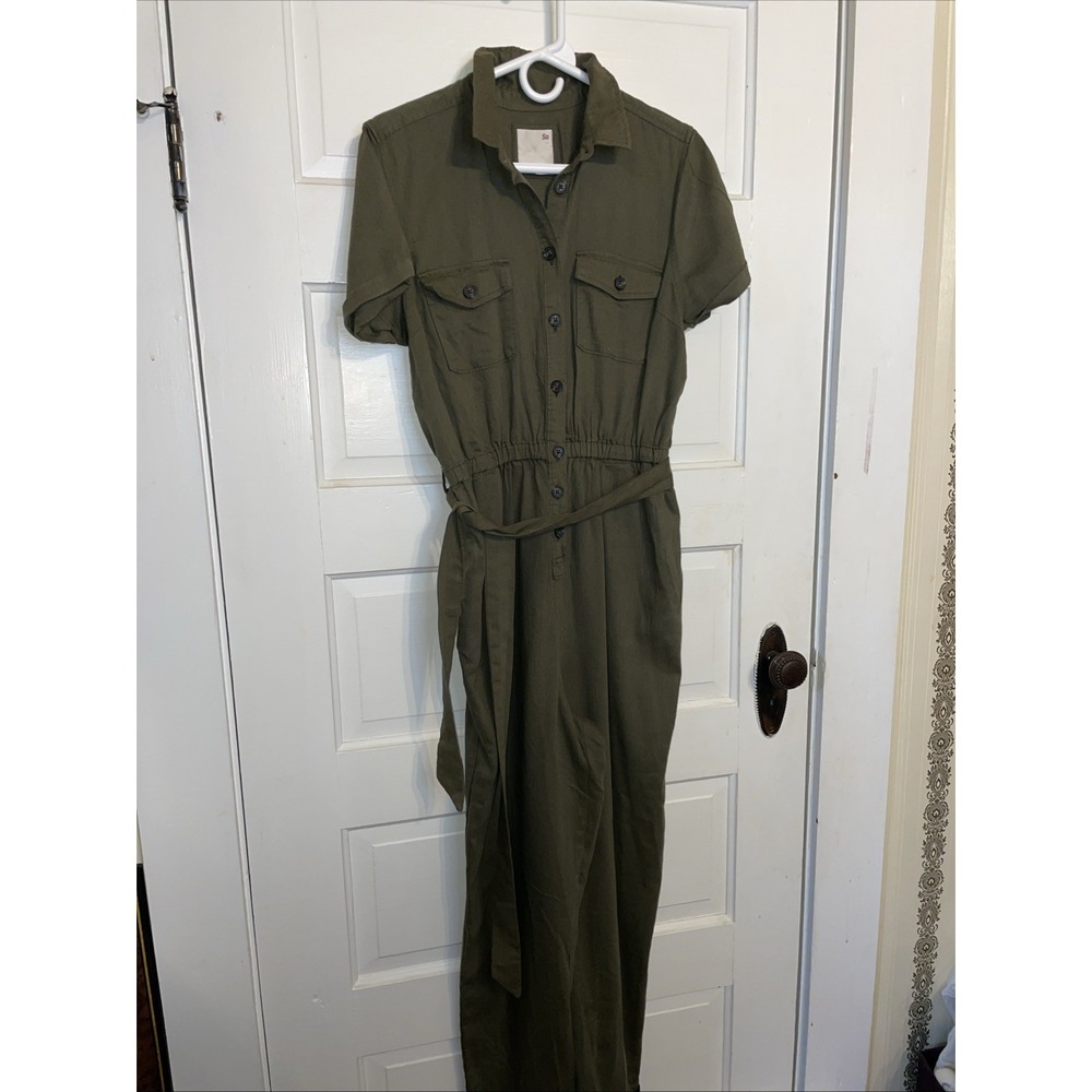 Olive Green Knit Jumpsuit Belt Collar Short Sleeve SO Large Utilitarian Core